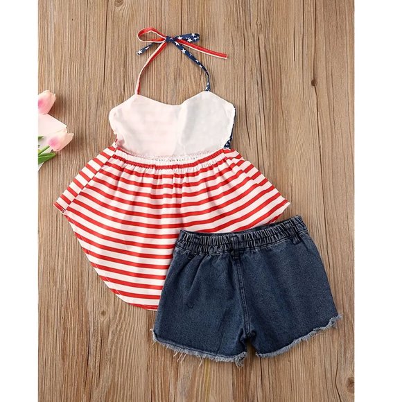 Halter Top & Denim Shorts Set Patriotic 4th of July USA Size 7-8 NWT - Picture 2 of 13